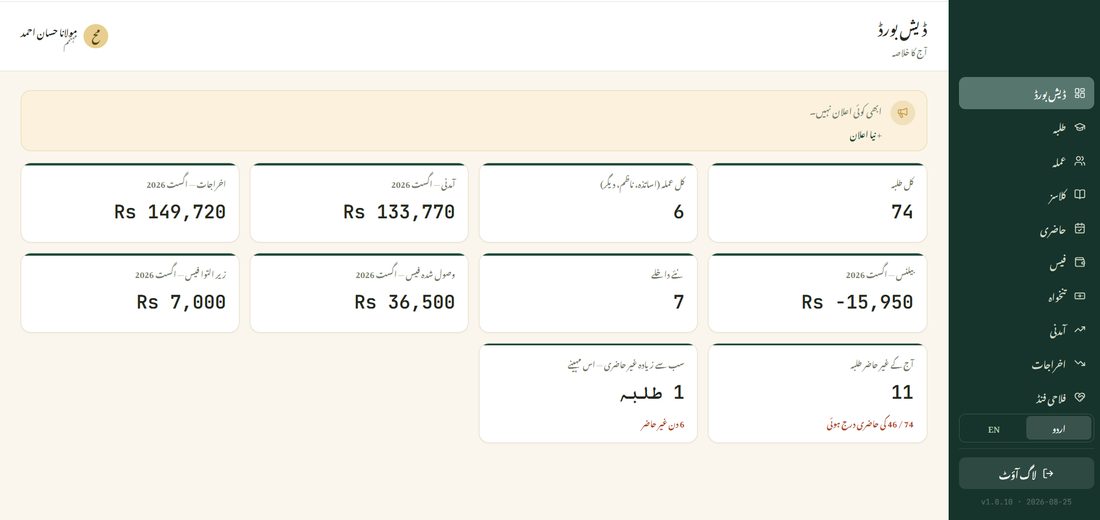 MadarsaHub dashboard summary screen